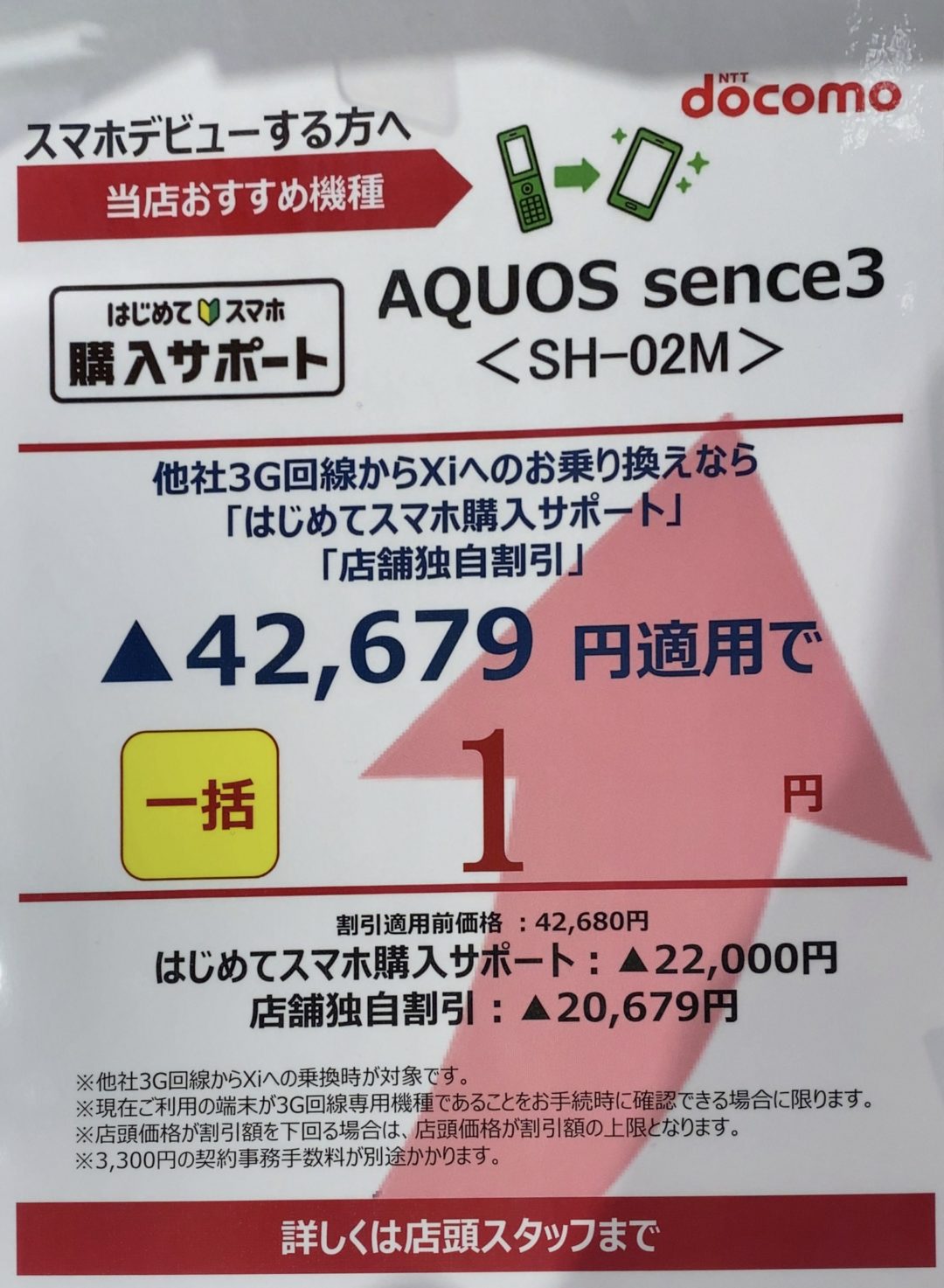 ドコモショップでもaquos Sense3が店舗によっては3gからのmnpで一括1円を確認 頭金分も割引