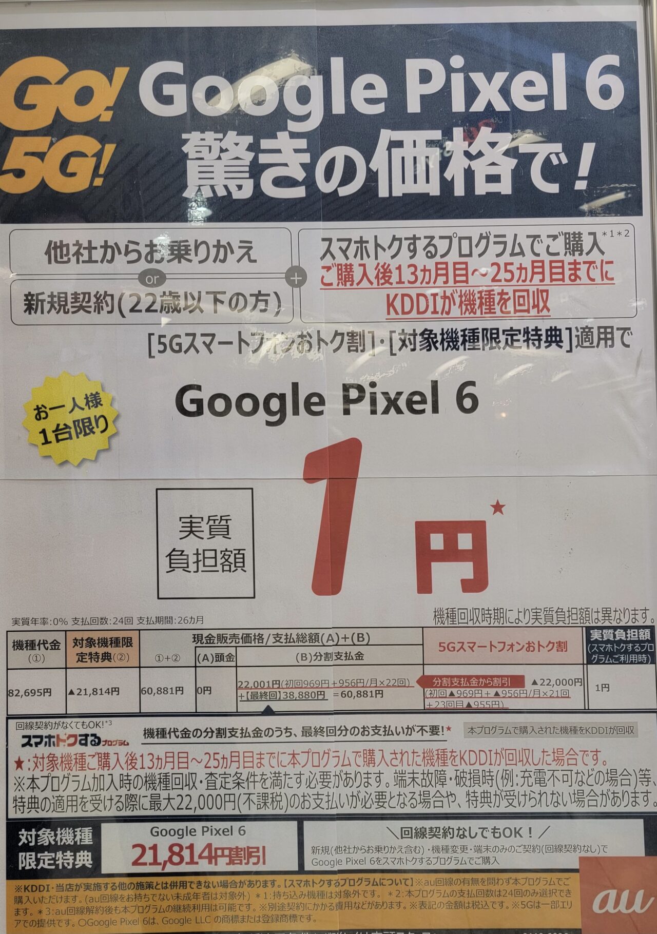 auショップでもPixel 6がMNPと22歳以下新規で実質1円で案内を