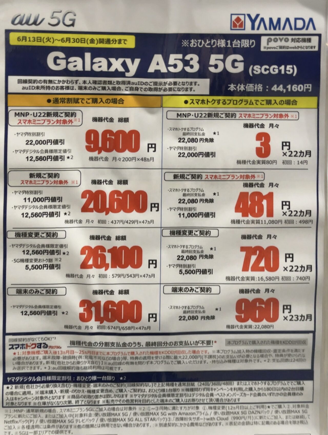 2023/6版】ヤマダ電機でauのGalaxy A53がMNPと22歳以下新規で