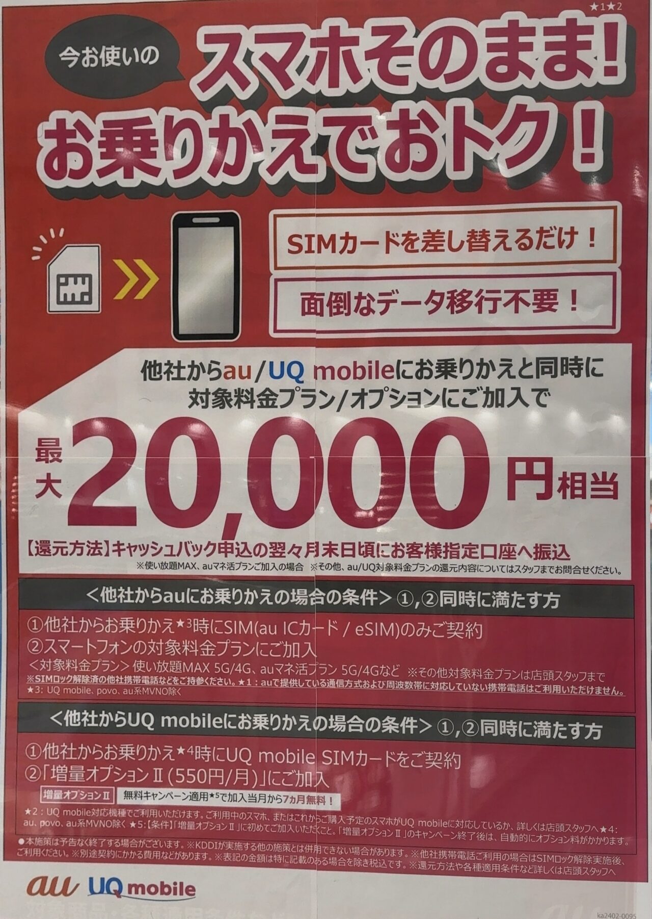 auショップでau/UQモバイルにSIMのみMNPで最大2万円キャッシュバックの案内