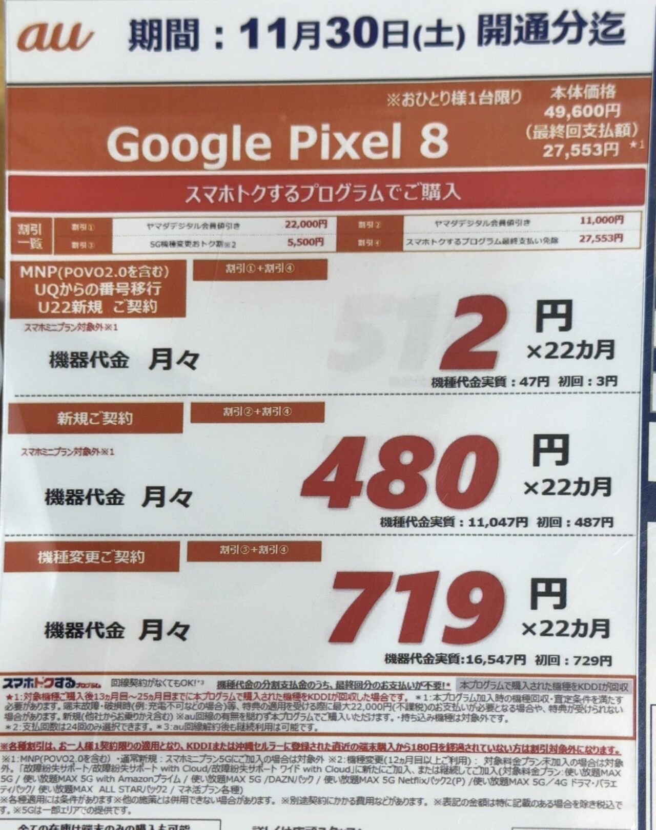 2024/11版】ヤマダデンキでauのPixel 8の128GBがMNPと22歳以下新規で