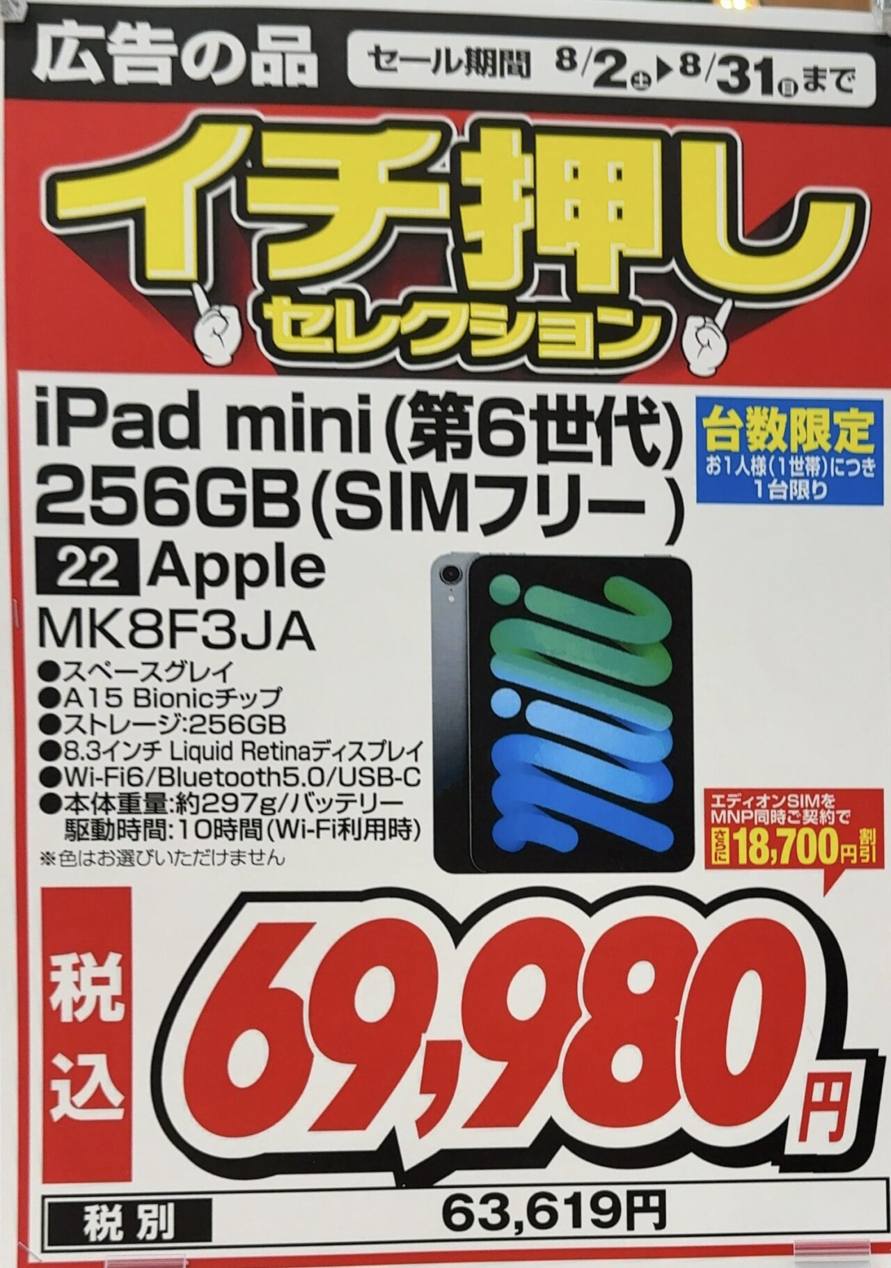 台数限定】エディオンでiPad mini(第6世代)の256GBのセルラー