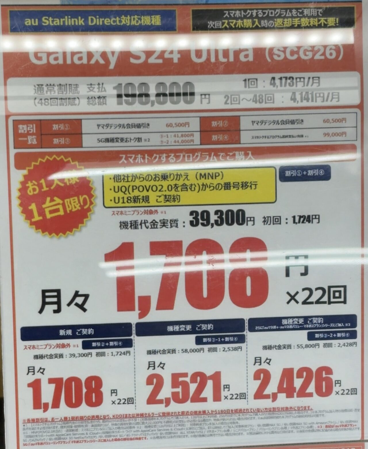 ヤマダデンキでauのGalaxy S24 UltraがMNP/新規/機種変更で最大6万円
